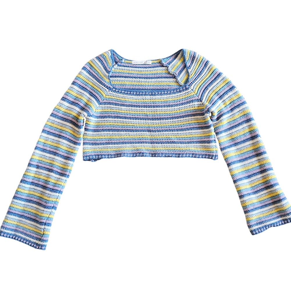 Altar'd State Womens XL Cropped Sweater Blue Yellow Striped Square Neck
